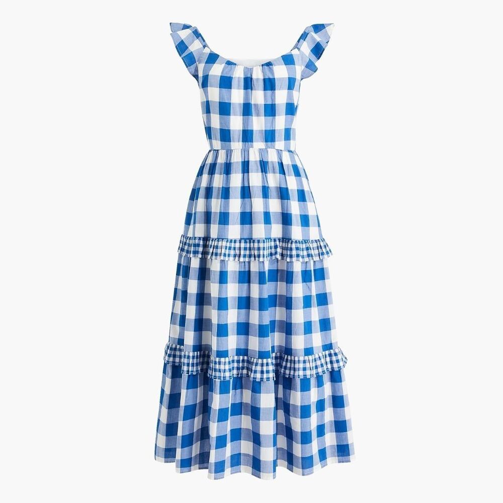 J Crew Flutter Sleeve Ruffle Tiered Midi Dress Gingham Blue White Size Large